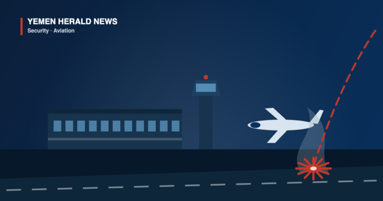 Illustration of an airport terminal and control tower with an aircraft on the apron and a missile trail ending in a burst beside the runway