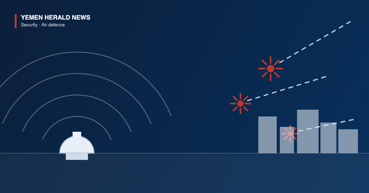 Illustration of a radar dome with detection arcs and incoming missile trails ending in intercept bursts above a city skyline