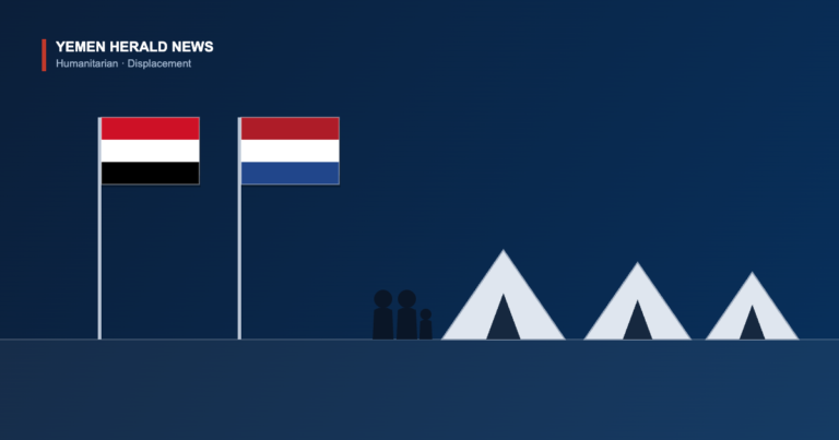 Illustration of the flags of Yemen and the Netherlands beside tents and a displaced family, representing talks on Yemen displacement aid.