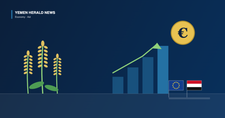 Illustration of wheat stalks, a rising bar chart, a euro coin and the European Union and Yemeni flags, representing a 10 million euro EU-funded agricultural project in Yemen
