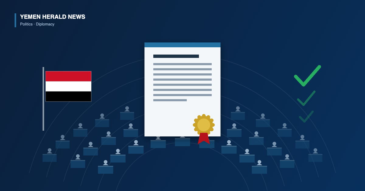 Illustration of a UN Human Rights Council chamber with tiered delegate desks, a resolution document bearing a gold seal, and the flag of Yemen