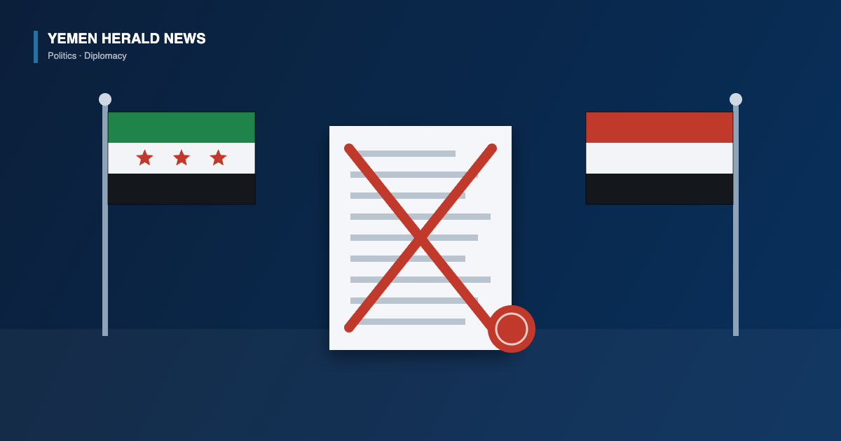 Illustration of the Syrian and Yemeni flags either side of a document struck through in red, representing Syria rejecting reports of a troop deployment to Yemen