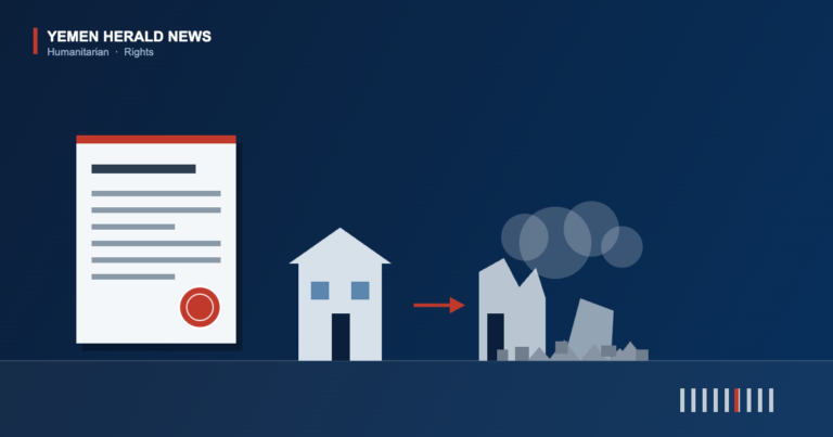 Illustration of a rights report with a seal beside an intact house and a demolished house reduced to rubble