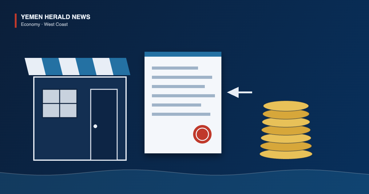 Illustration of a shopfront, a payment notice carrying an official seal and a stack of coins beside a coastline, representing zakat demands on traders in Houthi-held areas of Yemen's west coast