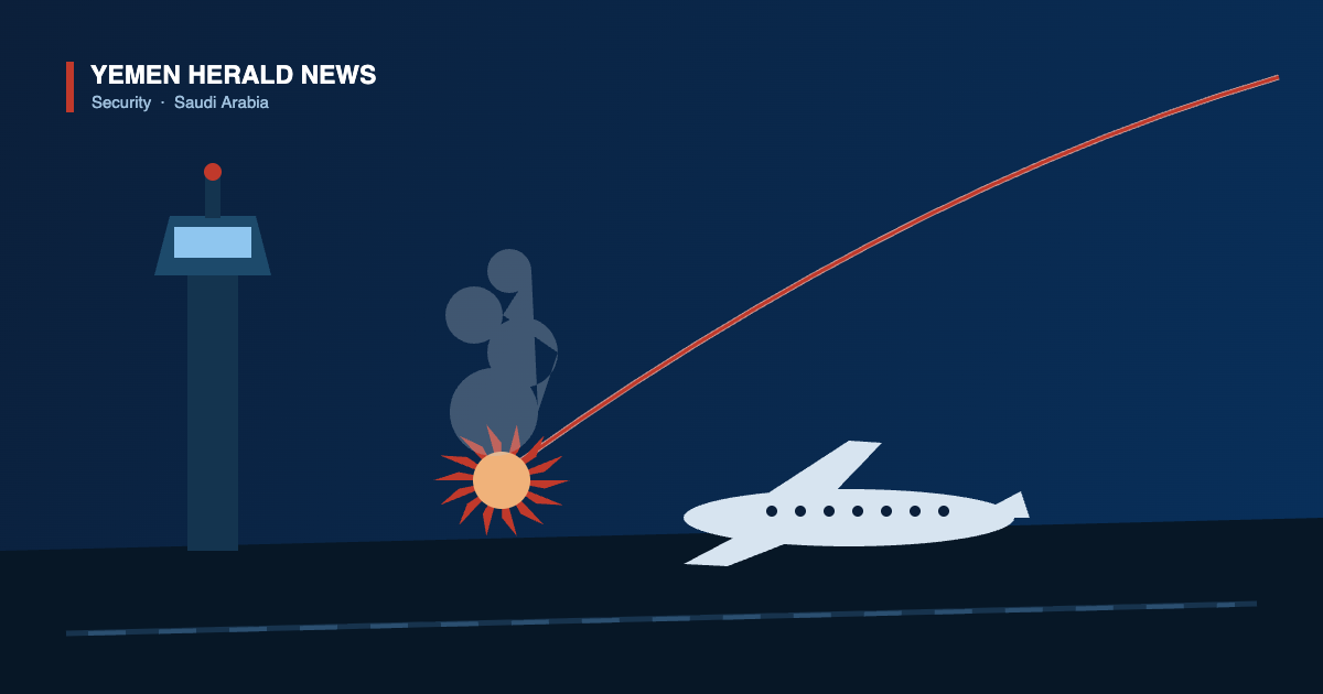 Illustration of a missile trail and impact burst beside an airport control tower and a parked airliner at night