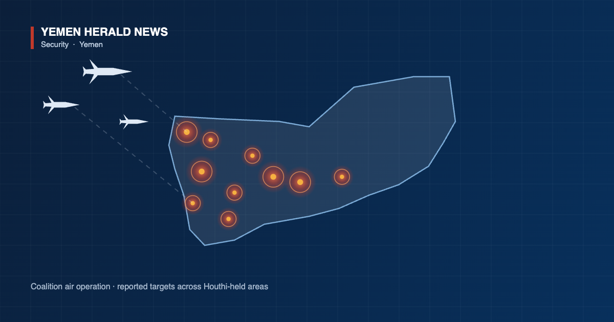 Illustration of an outline map of Yemen marked with scattered strike points and military aircraft approaching from the north-west