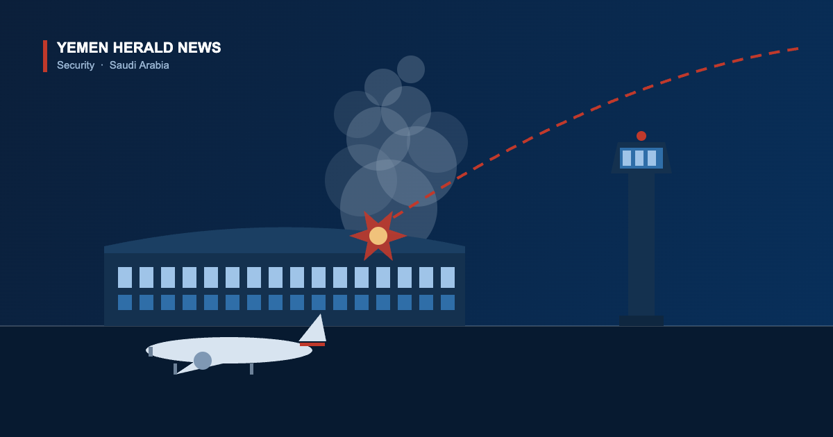 Illustration of an airport terminal with smoke rising from an impact, a control tower and a parked airliner, marking the attack on Riyadh airport