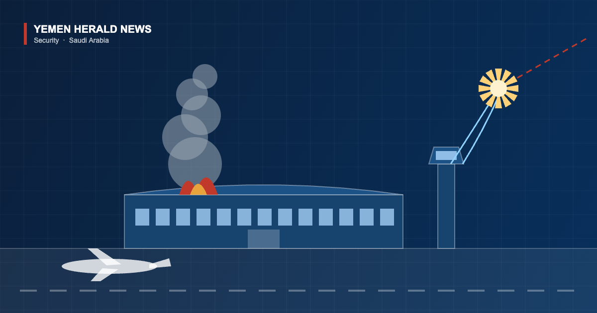 Illustration of an airport terminal on fire with smoke rising, a control tower, a grounded airliner on the apron and an air-defence interception burst in the sky.
