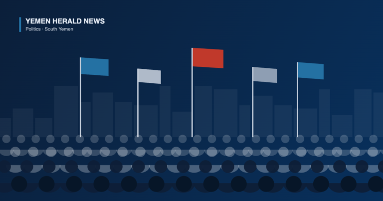Illustration of a dense crowd holding raised flags in front of a city skyline