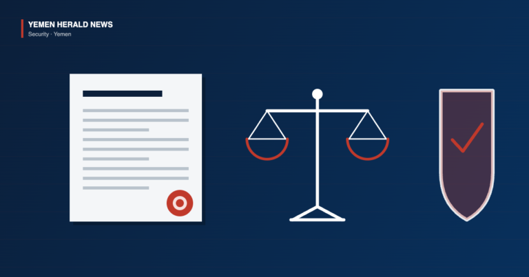 Illustration of an official decree bearing a red seal, a set of scales of justice and a shield marked with a check