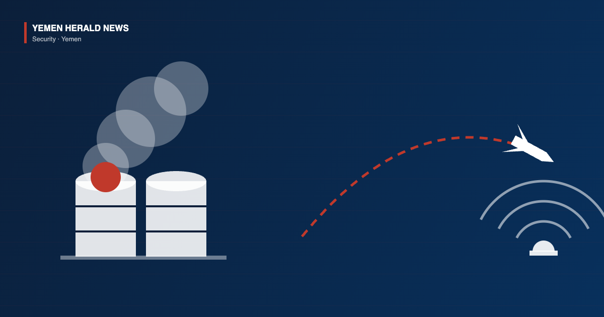 Illustration of oil storage tanks with a smoke plume, a dashed missile trail and radar arcs