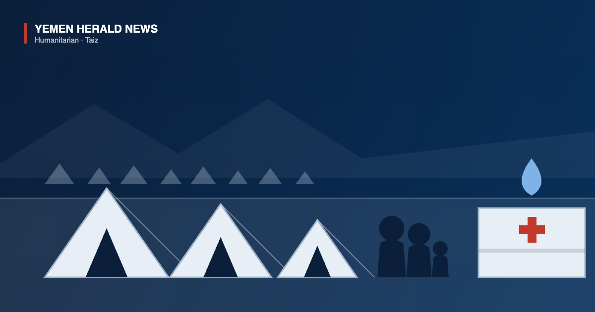 Illustration of tents with doorways in a camp, a family group and an aid crate marked with a red cross