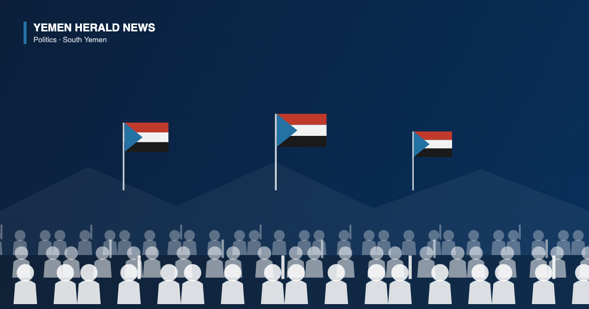 Illustration of a large crowd of demonstrators beneath three flags on poles at a rally in southern Yemen