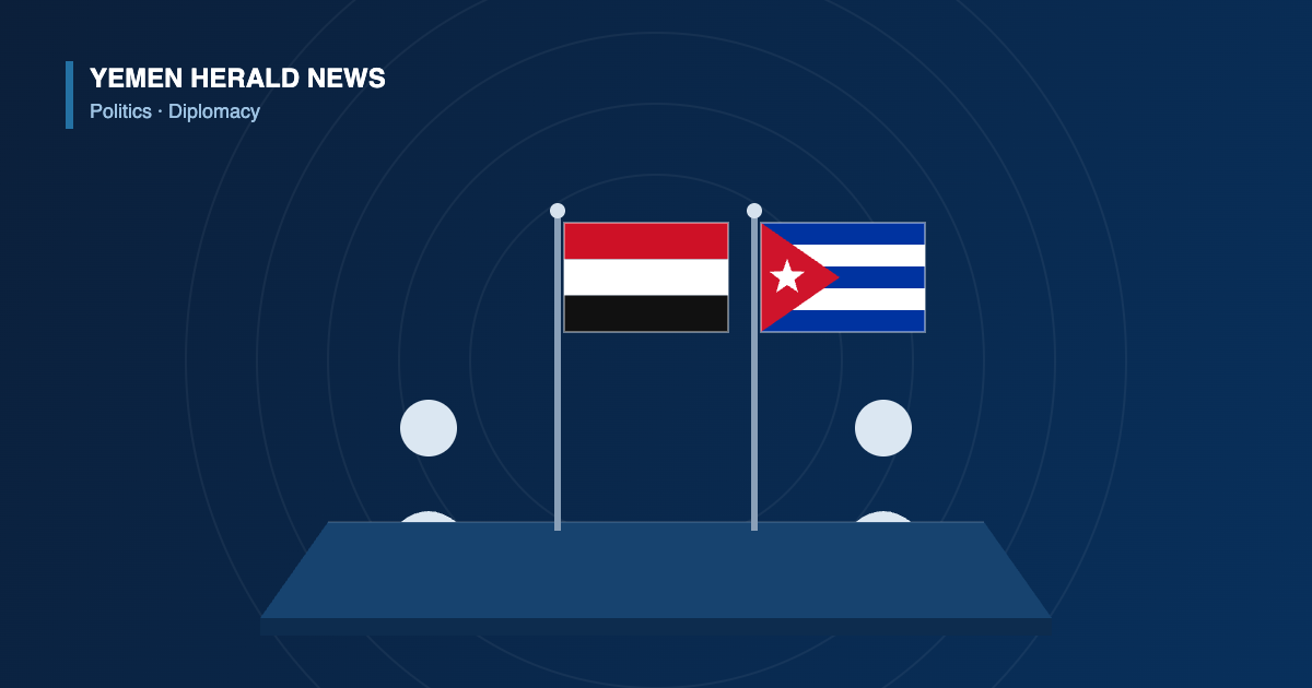 Flags of Yemen and Cuba on poles beside a meeting table with two seated figures, illustrating talks in Havana.