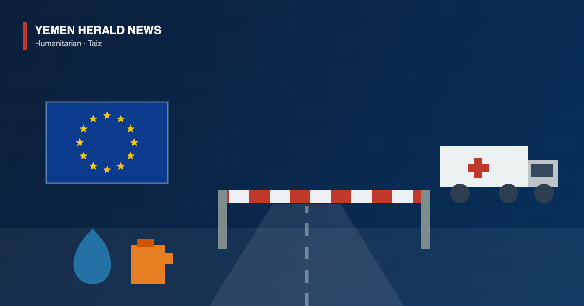 Illustration of a closed road barrier blocking an aid truck outside Taiz, beside the European Union flag, water and fuel symbols