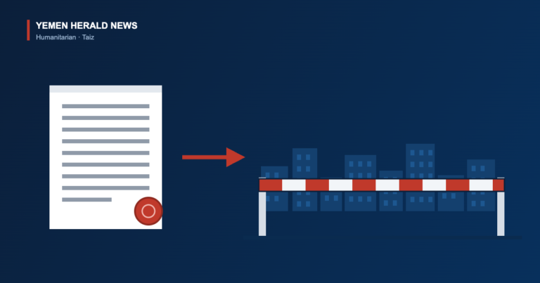 Illustration of a sealed official letter and an arrow pointing to a striped barrier blocking a city skyline, representing a Yemeni government appeal to the United Nations over the siege of Taiz