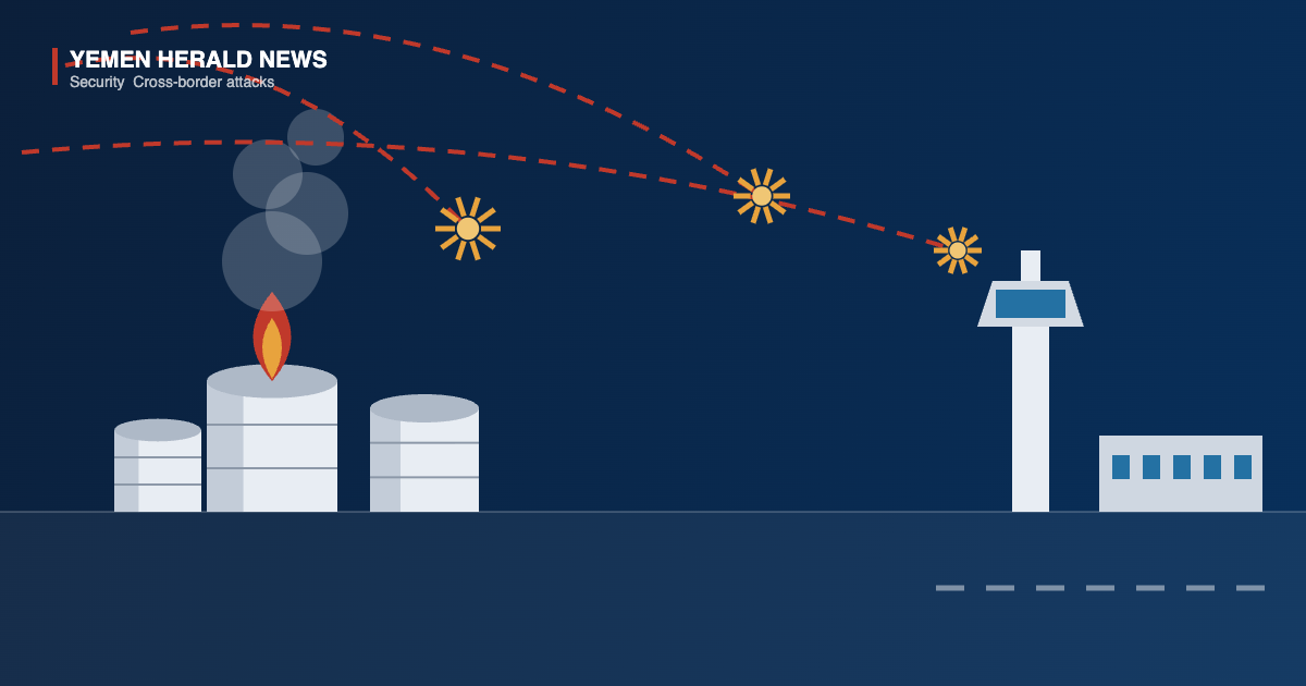 Illustration of burning oil storage tanks and an airport control tower with incoming missile trails intercepted overhead