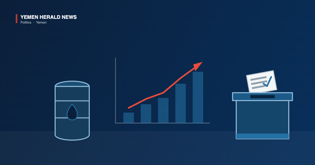 Illustration of an oil barrel, a rising price chart and a ballot box, representing a claim that Houthi attacks are raising oil prices before US midterm elections.