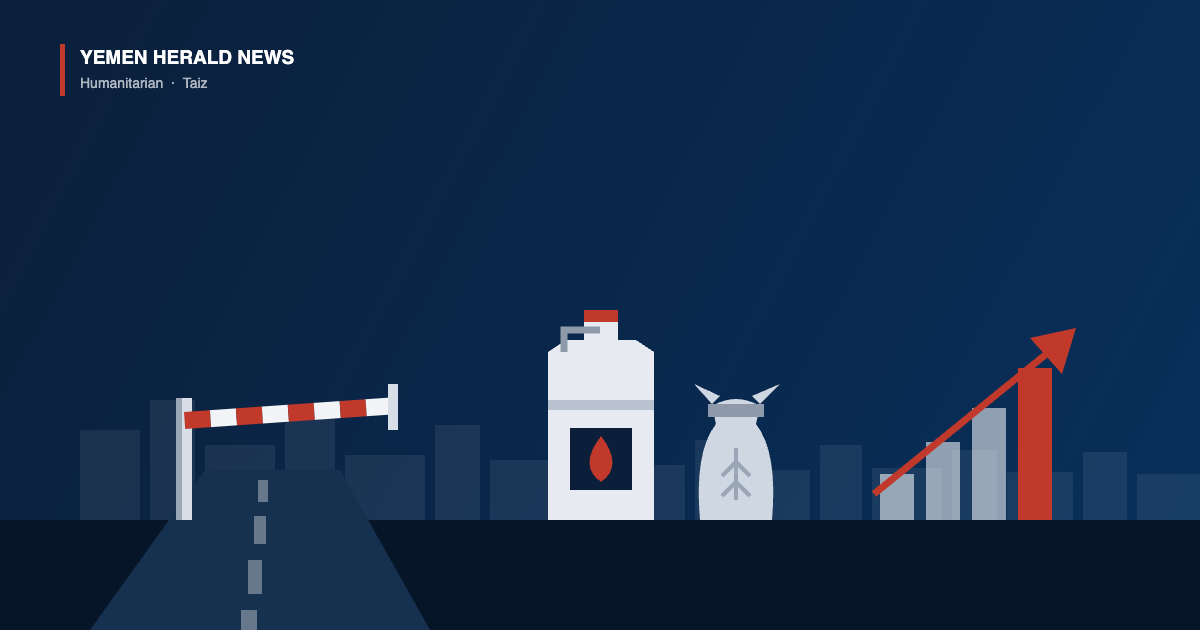 Illustration of a closed road barrier, a fuel jerrycan, a grain sack and rising price bars, representing the closure of supply routes into Taiz