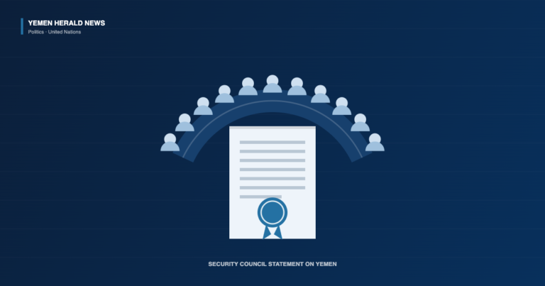 Illustration of a horseshoe council table with delegates and a sealed document, representing a UN Security Council presidential statement on Yemen