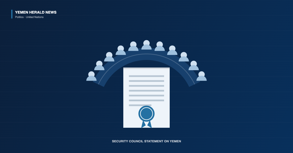 Illustration of a horseshoe council table with delegates and a sealed document, representing a UN Security Council presidential statement on Yemen