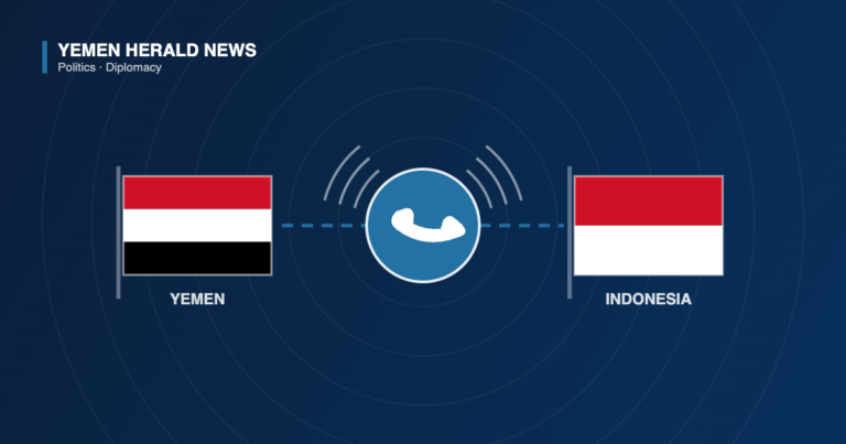 Illustration of the flags of Yemen and Indonesia linked by a telephone handset symbol