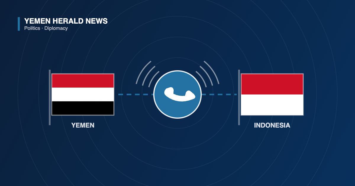 Illustration of the flags of Yemen and Indonesia linked by a telephone handset symbol