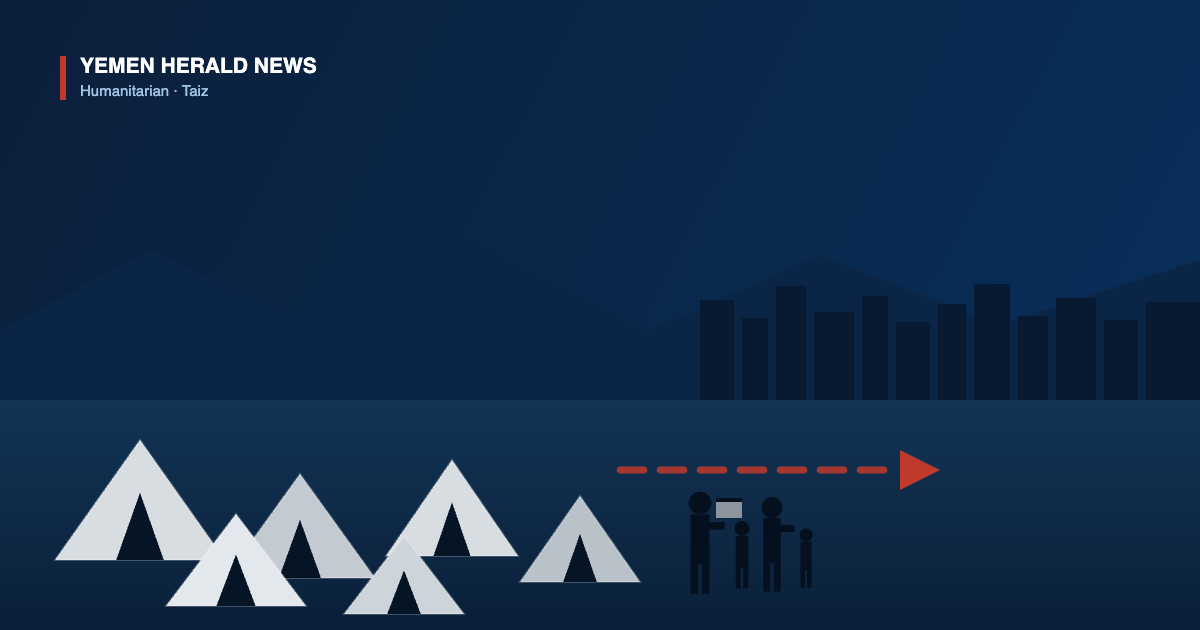 Illustration of a camp of tents beside a city skyline, with silhouettes of a family carrying bundles walking toward the city