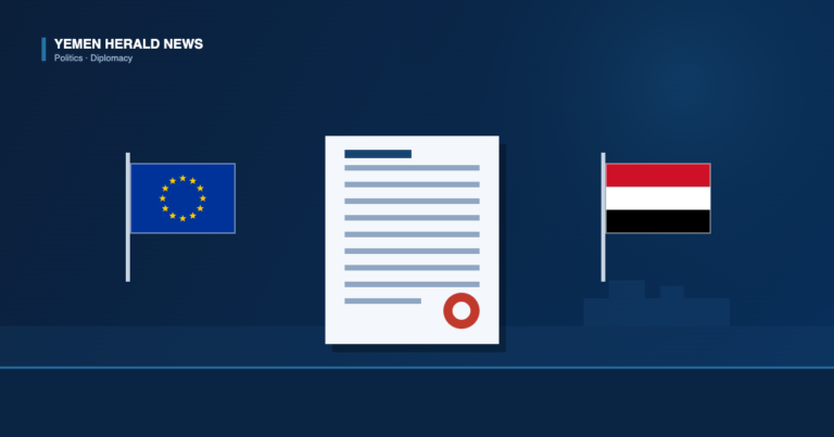Illustration of a sealed policy document flanked by the European Union flag and the Yemeni flag above a sea horizon with a cargo ship