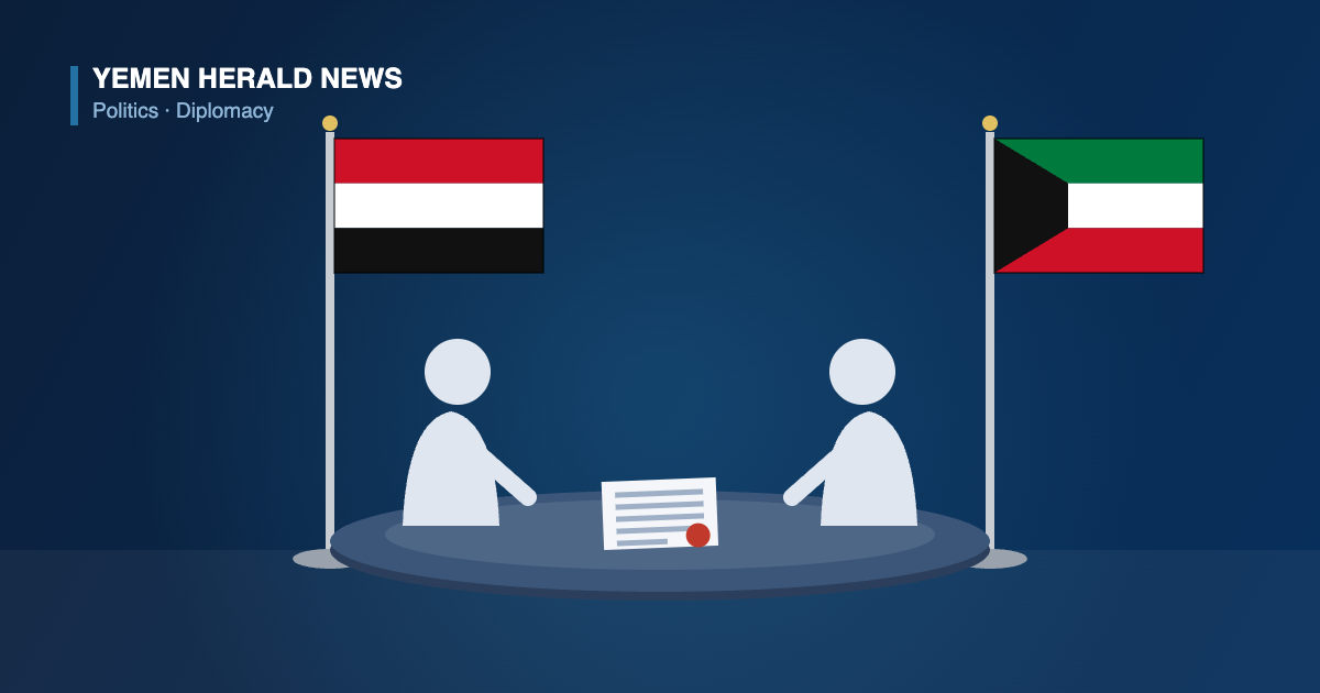 Illustration of Yemeni and Kuwaiti flags above a meeting table with two officials facing each other across a sealed document