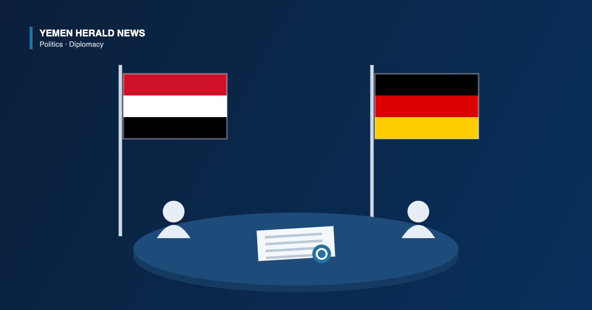 Illustration of the Yemeni and German flags beside a meeting table with two delegates and a sealed document