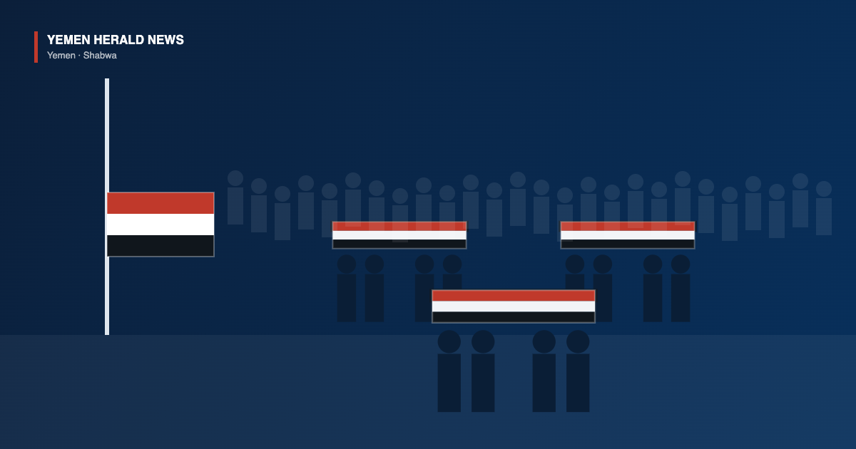 Illustration of a Yemeni flag at half-mast beside three flag-draped coffins carried by mourners, representing the mass funeral in Shabwa for security recruits killed in a missile strike.