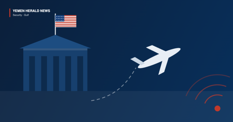 Illustration of a government building flying a United States flag beside a departing airliner and red alert arcs, representing the ordered departure of US diplomatic staff from Saudi Arabia.