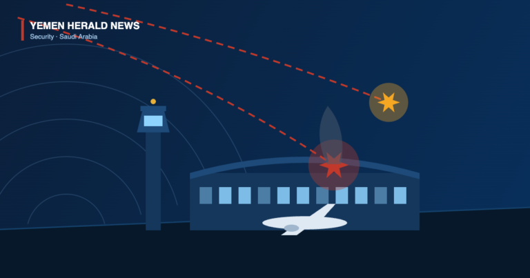 Illustration of an airport control tower and terminal under missile attack, with one incoming trail intercepted in mid-air and another striking the terminal roof