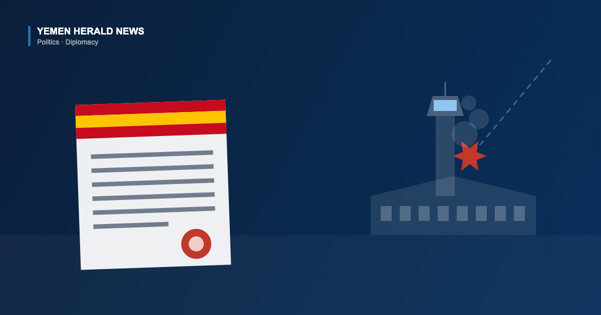 Illustration of a formal diplomatic statement bearing a Spanish flag header and a wax seal, beside an airport terminal and control tower struck by an incoming projectile