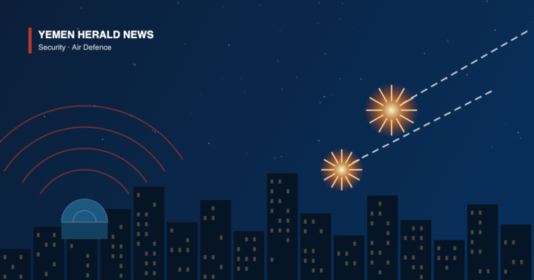 Illustration of a radar dome with red detection arcs below a night city skyline, with two dashed missile trails ending in bright intercept bursts