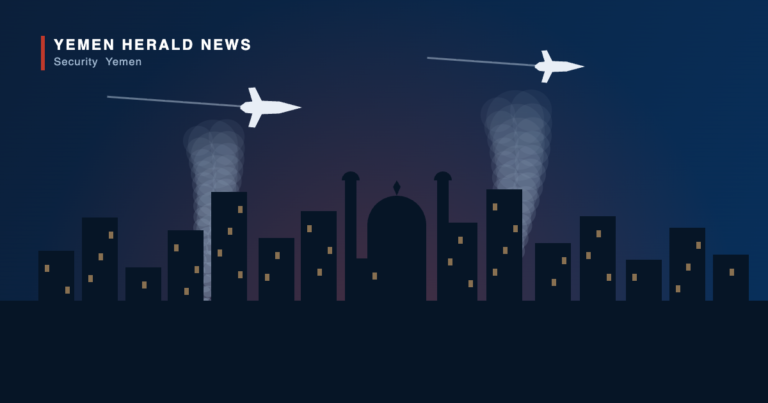 Illustration of military aircraft over a night-time city skyline with minarets and smoke rising, representing reported airstrikes on Sanaa and Mocha