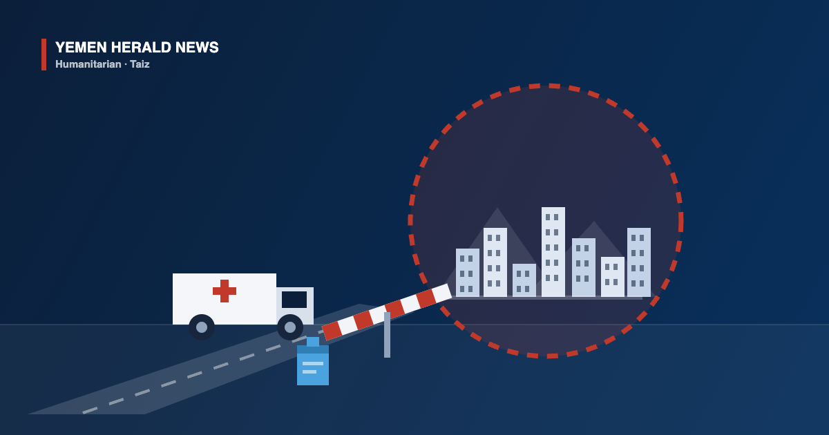 Illustration of an aid truck marked with a red cross stopped at a barrier on the road into a city ringed by a dashed cordon, with a water container beside it.