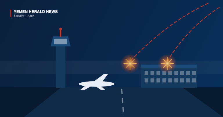 Illustration of an airport control tower, terminal and parked aircraft with two missile trails ending in bursts above the terminal
