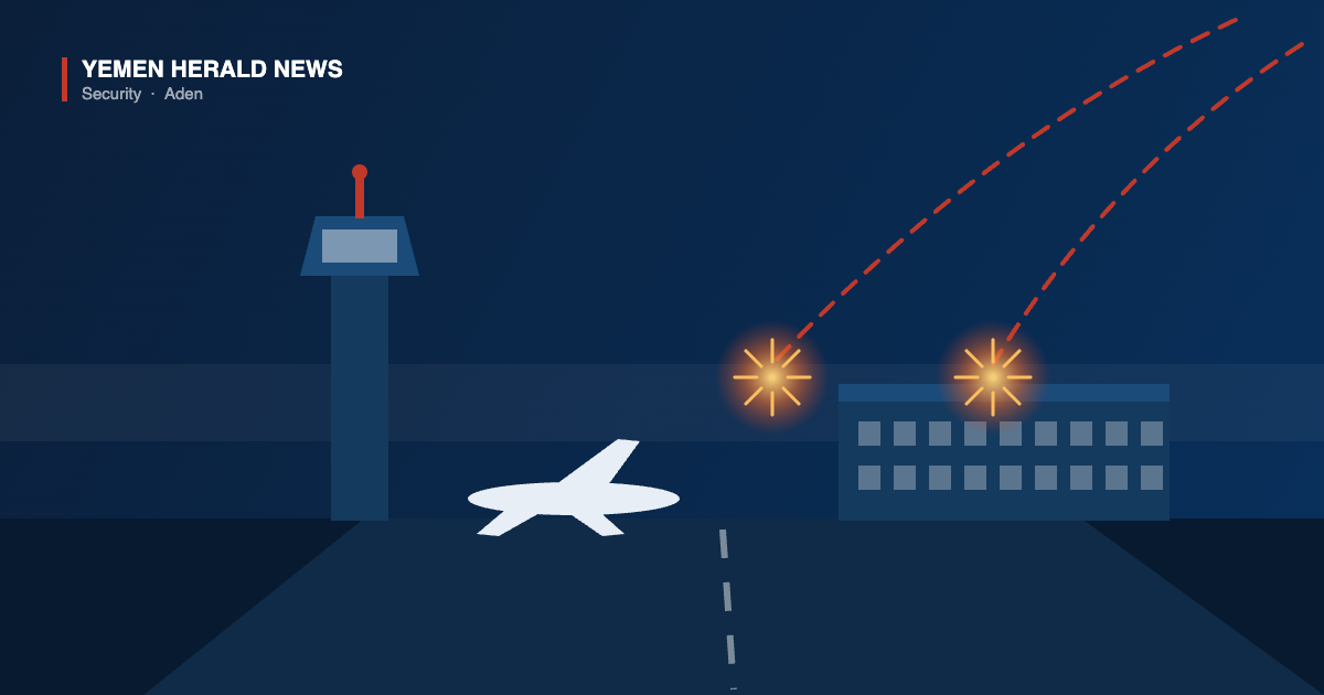 Illustration of an airport control tower, terminal and parked aircraft with two missile trails ending in bursts above the terminal