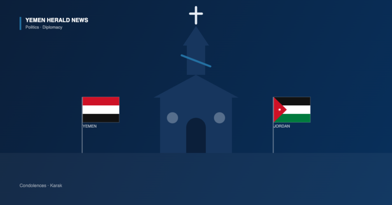 Illustration of a church with a cross flanked by the flags of Yemen and Jordan, marking Yemeni condolences over the Karak church attack