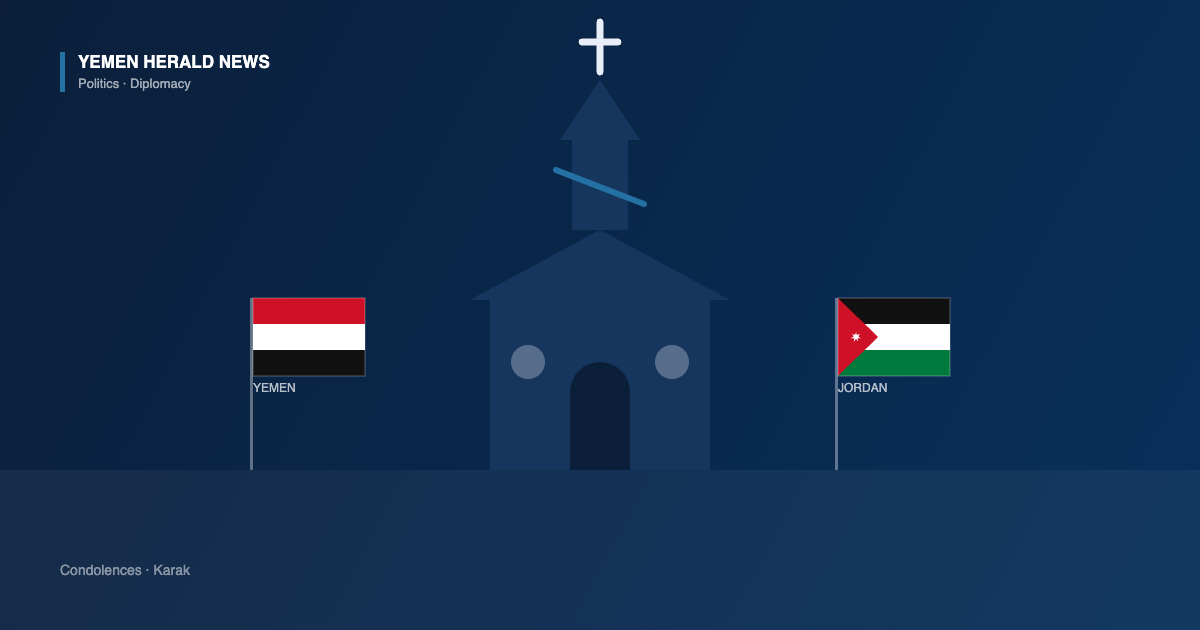 Illustration of a church with a cross flanked by the flags of Yemen and Jordan, marking Yemeni condolences over the Karak church attack