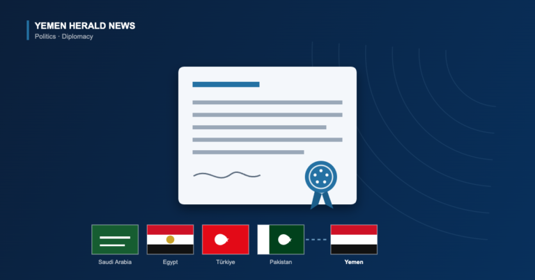 Illustration of a signed and sealed joint statement beside the flags of Saudi Arabia, Egypt, Turkiye and Pakistan linked to the flag of Yemen
