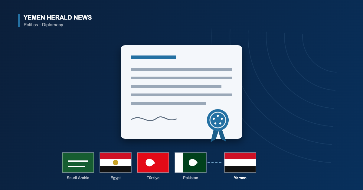 Illustration of a signed and sealed joint statement beside the flags of Saudi Arabia, Egypt, Turkiye and Pakistan linked to the flag of Yemen