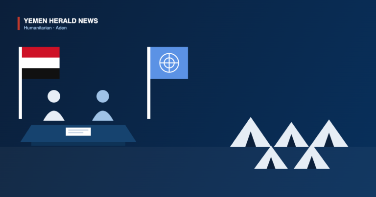 Illustration of Yemeni and UN flags beside a meeting table with displacement tents, marking Aden humanitarian talks