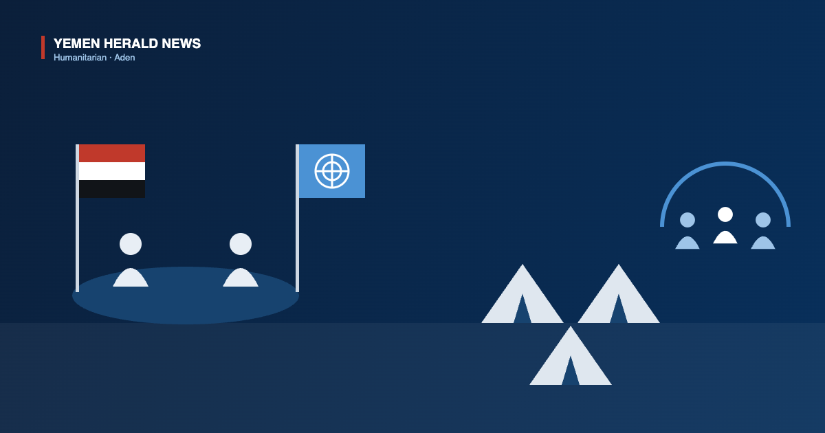 Illustration of a meeting table beneath the Yemeni and United Nations flags with silhouettes of displaced families beside tents