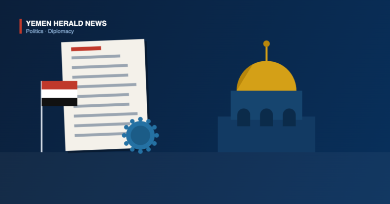 Illustration of an official statement bearing a seal beside the Yemeni flag and a domed sanctuary, marking Yemen’s condemnation of a visit to the Al-Aqsa compound