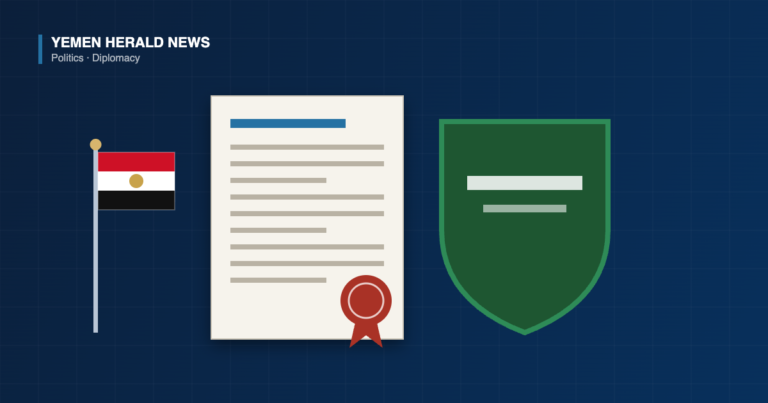 Illustration of an Egyptian flag beside a sealed parliamentary document and a green shield, representing Egypt authorising defensive support for Saudi Arabia