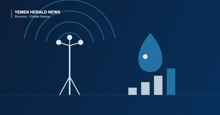 Illustration of a weather monitoring mast with signal arcs, a water droplet and rising bars, representing climate and water early warning systems in Yemen