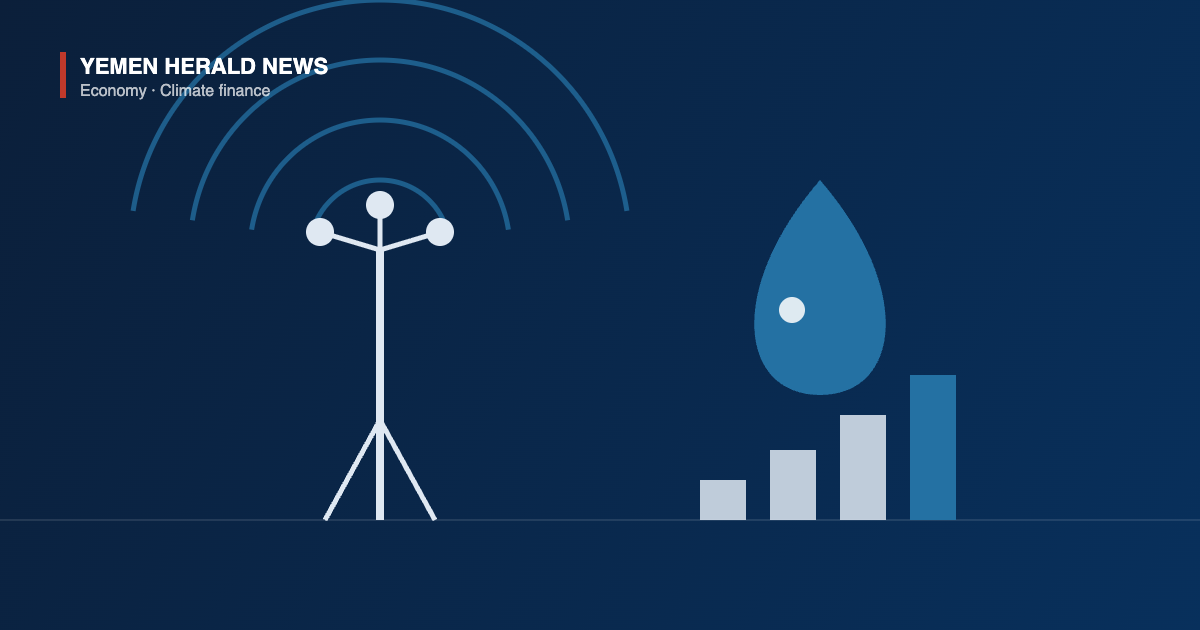 Illustration of a weather monitoring mast with signal arcs, a water droplet and rising bars, representing climate and water early warning systems in Yemen